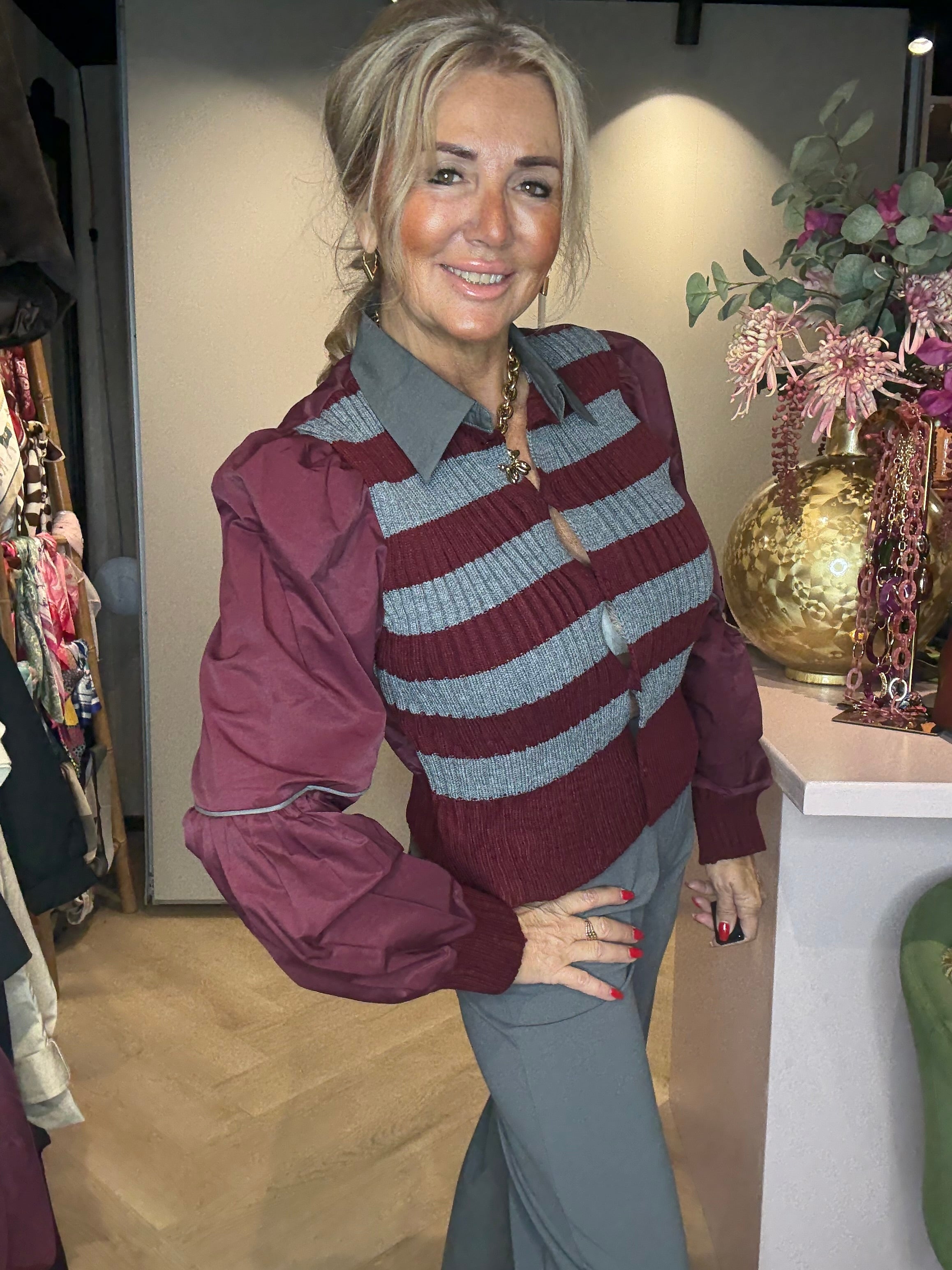 Vest/Truitje Stripe Bordeaux/Grijs